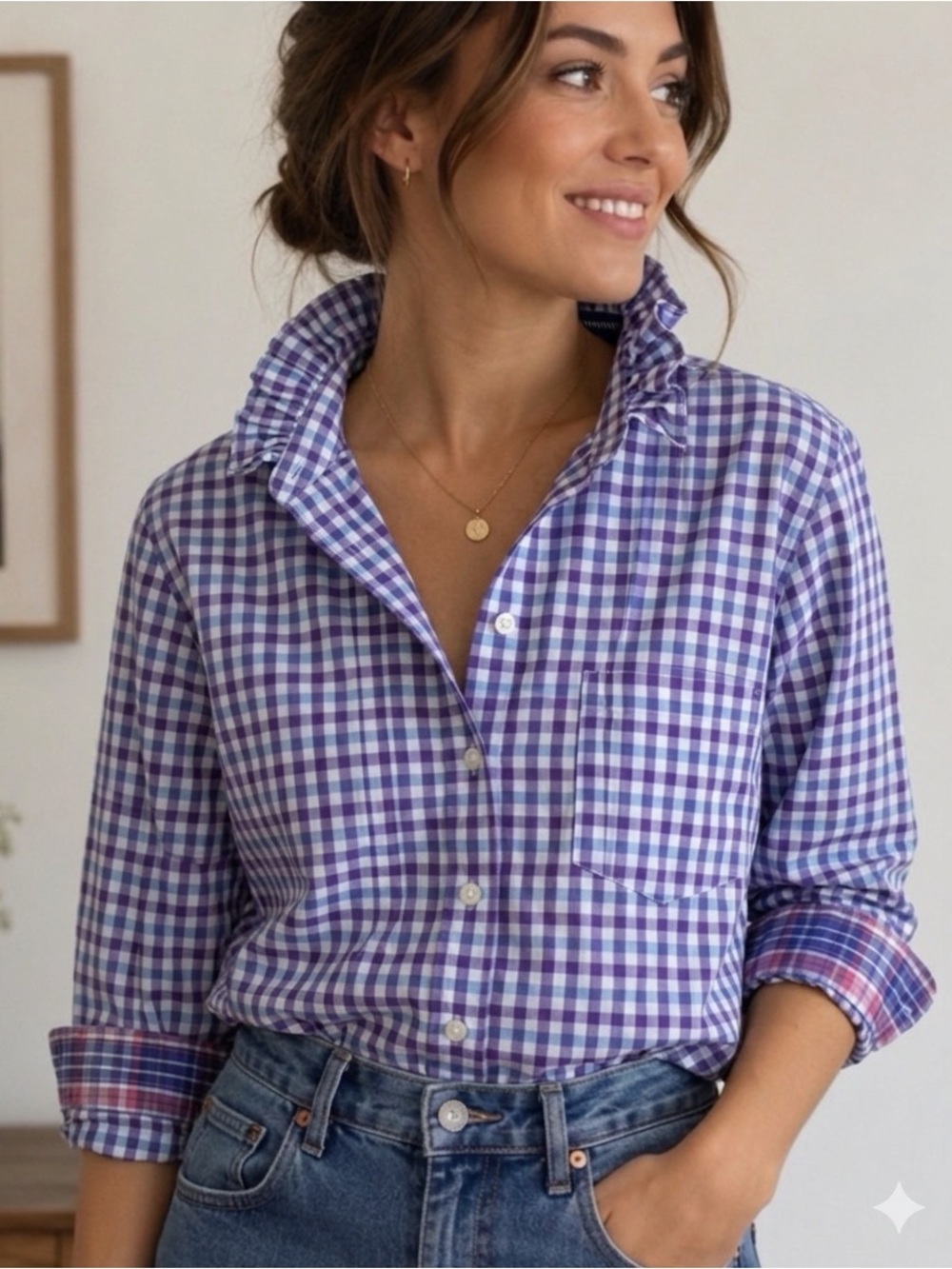 French Girl Fairlane Reworked Purple Gingham Ruffle Shirt Oversized Small/Medium